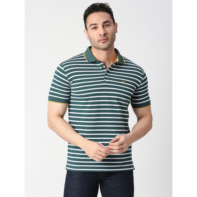 Dragon Hill Half Sleeves Green Pique Striped Polo T-Shirt (XL)