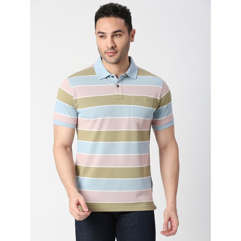 Dragon Hill Half Sleeves Pastel Striped Pique Polo T-Shirt with Pocket (3XL)