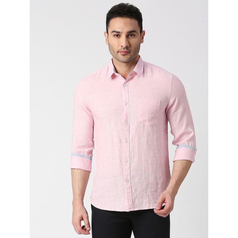 Dragon Hill Full Sleeves Pink Pure Linen Shirt with Pocket (M)