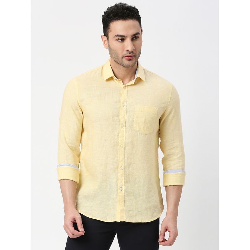 Dragon Hill Full Sleeves Lemon Yellow Pure Linen Shirt with Pocket (L)
