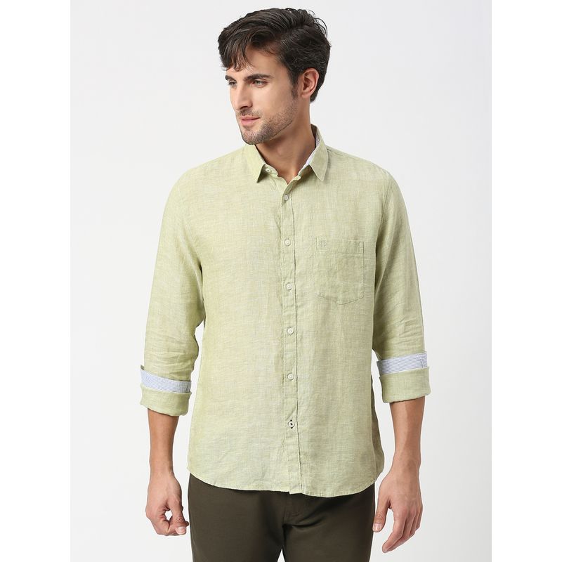 Dragon Hill Full Sleeves Olive Green Pure Linen Shirt with Pocket (L)