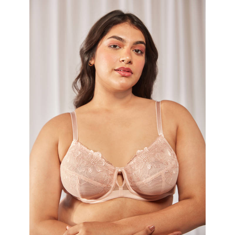 Nykd by Nykaa Floral Mesh Underwired Non-Padded Lace Bra - NYB221 Peach (40E)