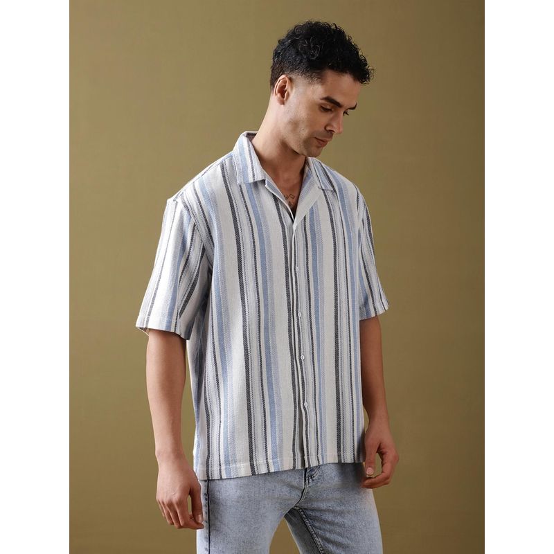 DILLINGER Men White Stripes Half Sleeves Crochet Shirt (L)