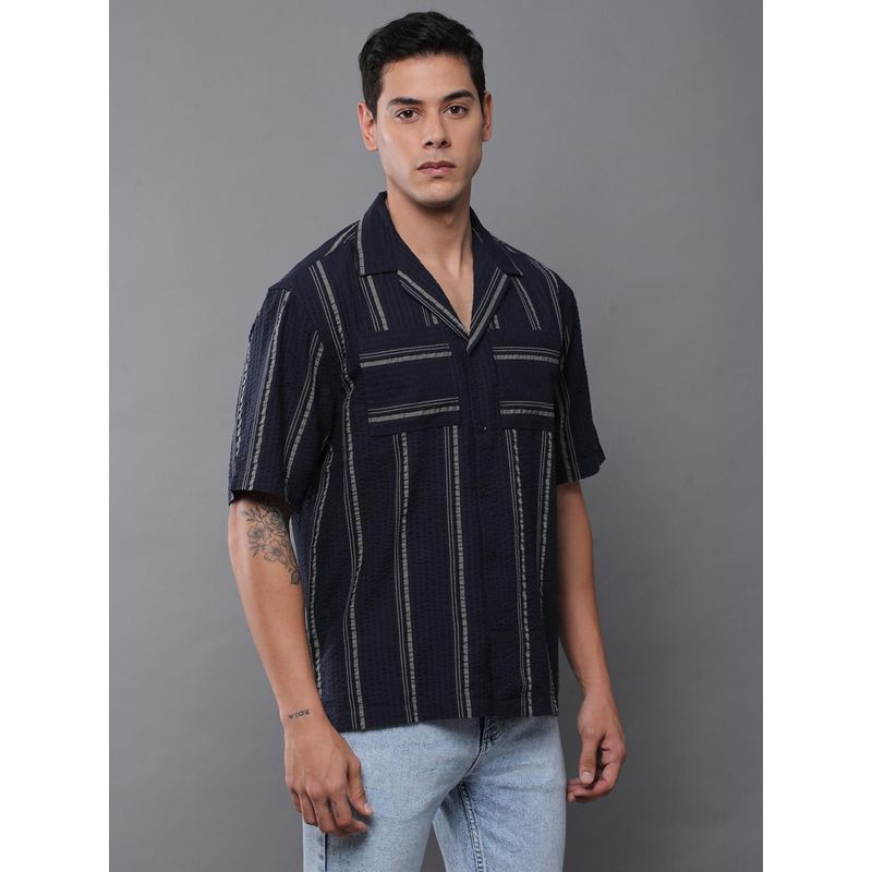 Difference of Opinion Men Navy Blue Half Sleeve Striped Shirt (XL)