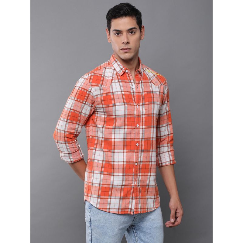 Difference of Opinion Men Orange Full Sleeve Checked Shirt (XL)