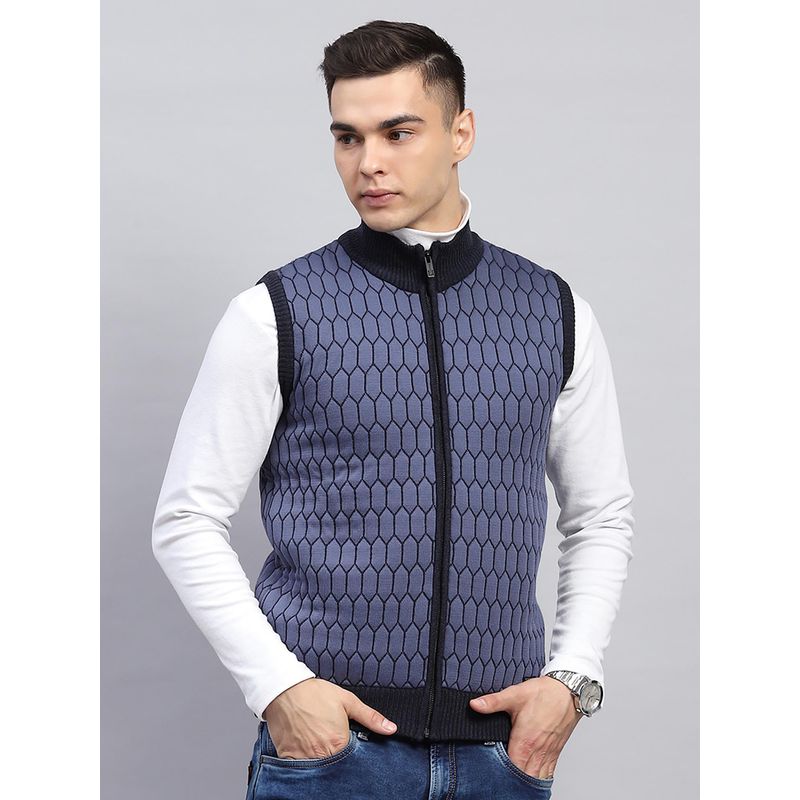 Monte Carlo Men Geometric Navy Blue High Neck Sleeveless Jacket (M)
