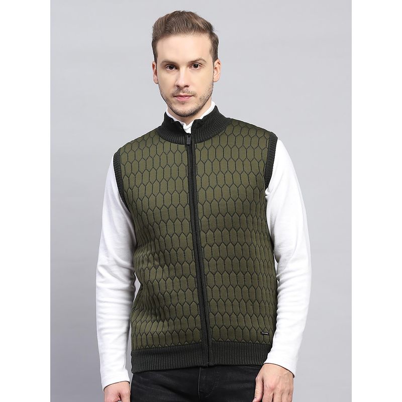 Monte Carlo Men Geometric Olive High Neck Sleeveless Jacket (XL)