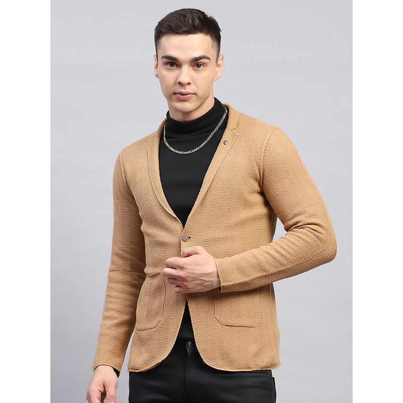 Monte Carlo Men Textured Beige Notch Lapel Full Sleeve Coat (L)