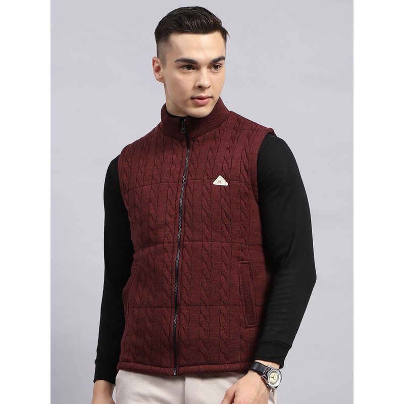 Monte Carlo Men Textured Wine High Neck Sleeveless Jacket (3XL)