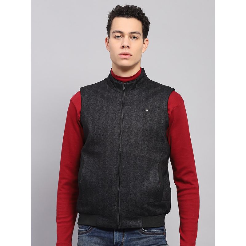 Monte Carlo Men Solid Black High Neck Sleeveless Jacket (L)