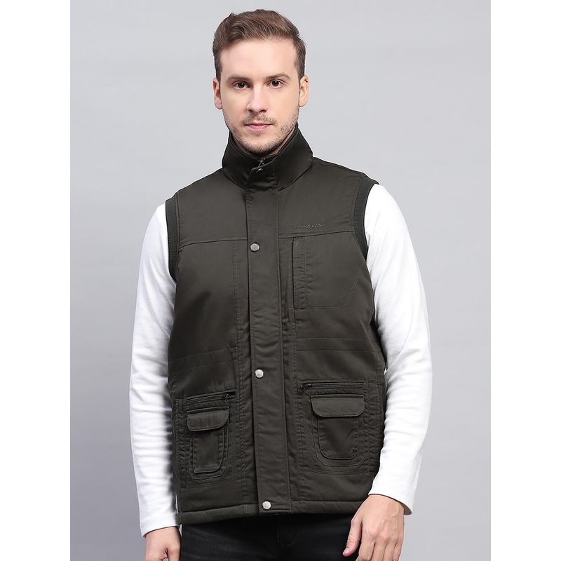 Monte Carlo Men Solid Olive High Neck Sleeveless Jacket (L)