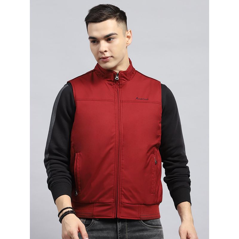 Monte Carlo Men Maroon Solid High Neck Sleeveless Jacket (M)