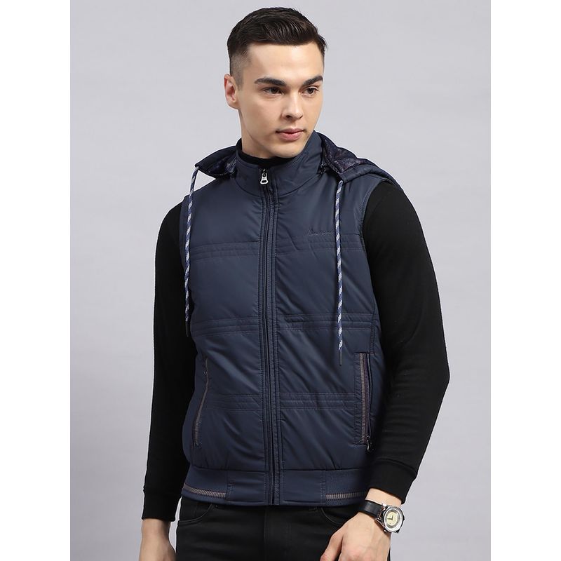 Monte Carlo Men Solid Navy Blue Detachable Hood Sleeveless Jacket (M)