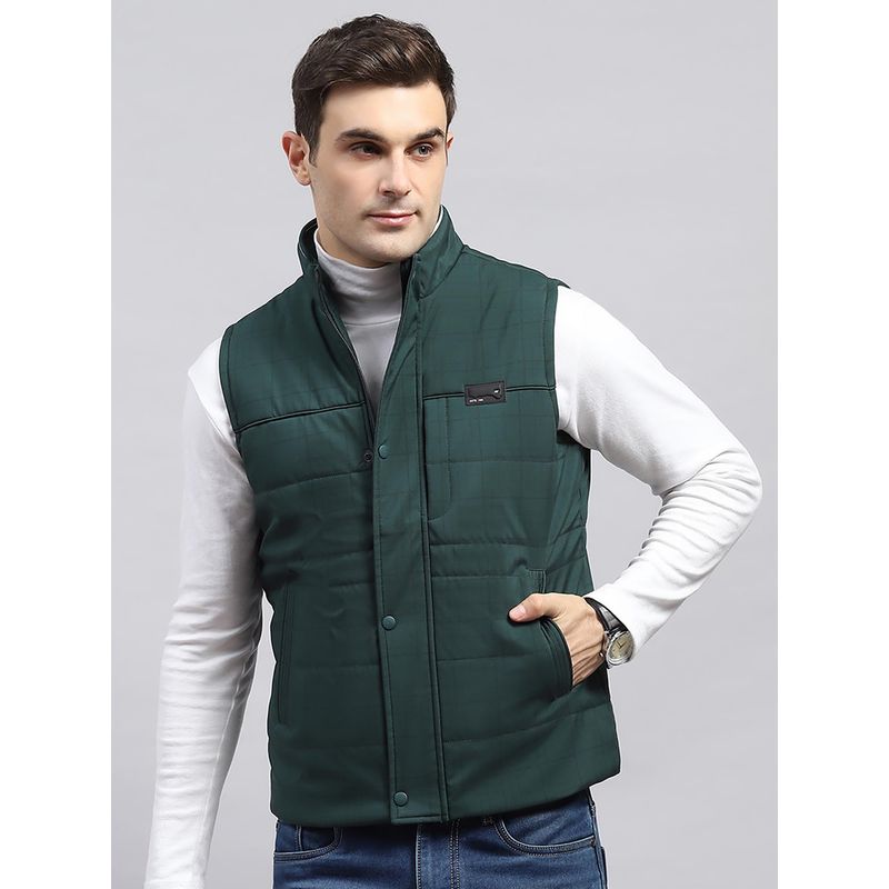 Monte Carlo Men Checks Green High Neck Sleeveless Jacket (XL)