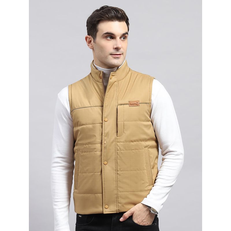 Monte Carlo Men Checks Khaki High Neck Sleeveless Jacket (2XL)