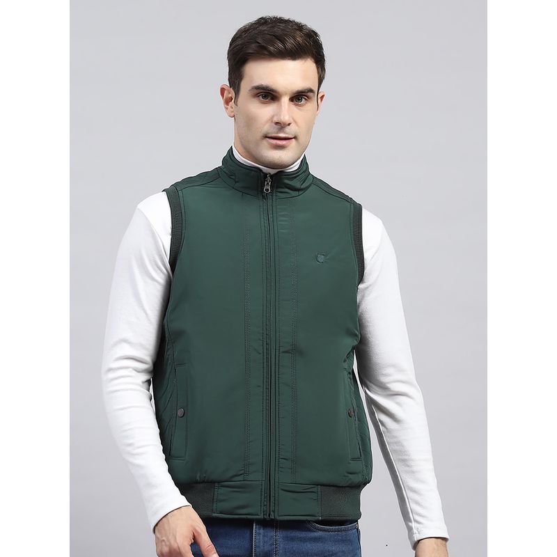 Monte Carlo Men Solid Green High Neck Sleeveless Reversible Jacket (M)