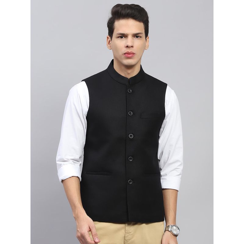 Monte Carlo Men Solid Black Mandarin Neck Sleeveless Waist Coat (M)