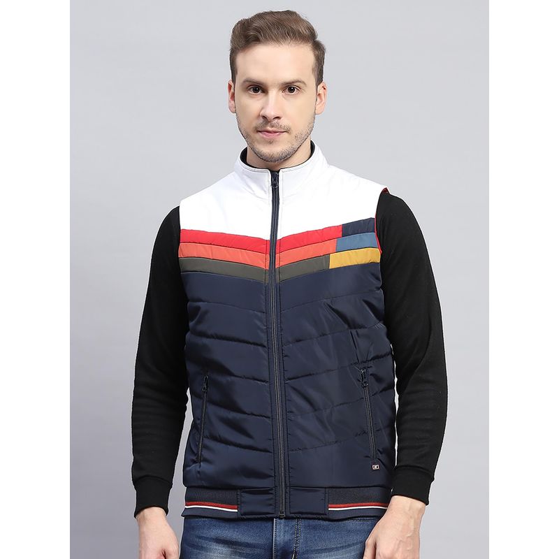 Monte Carlo Men Colorblock Navy Blue High Neck Sleeveless Jacket (L)