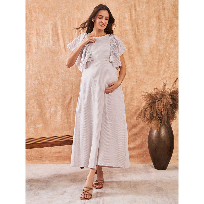 The Kaftan Company White Striped Cotton Linen Maternity and Feeding Dress (S)