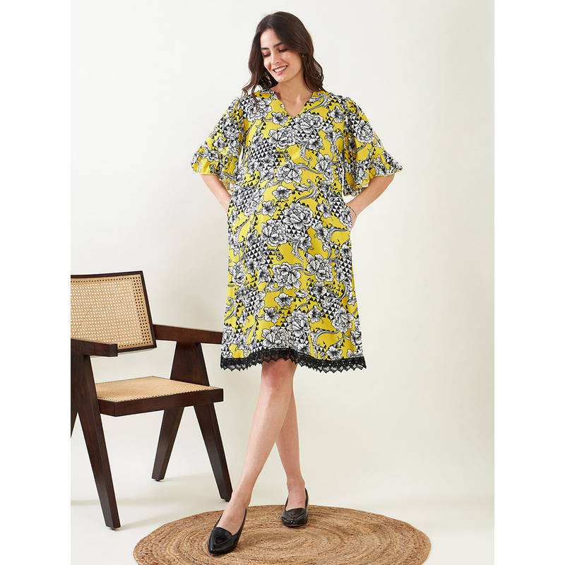 The Kaftan Company Yellow Abstract Floral Maternity Shift Dress (M)
