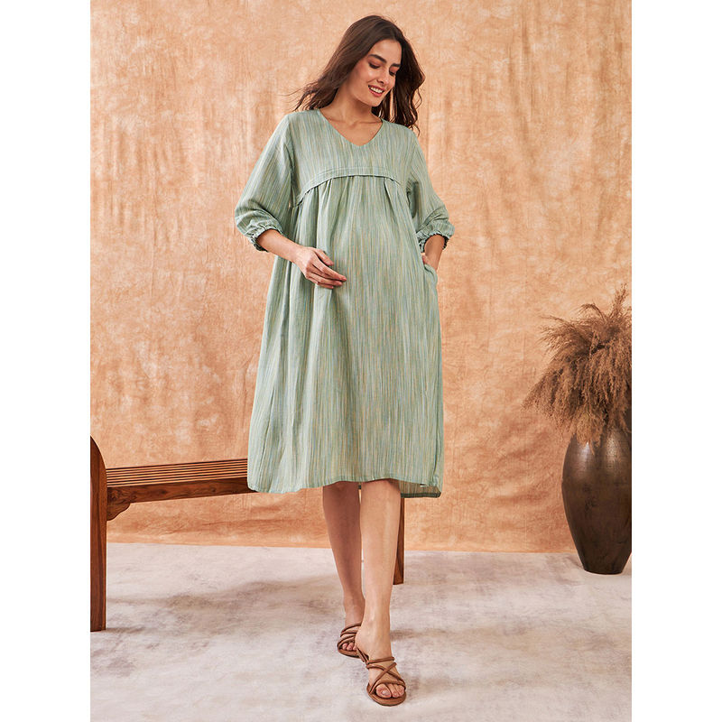 The Kaftan Company Earthy Emerald Soft Linen Maternity and Feeding Dress (S)