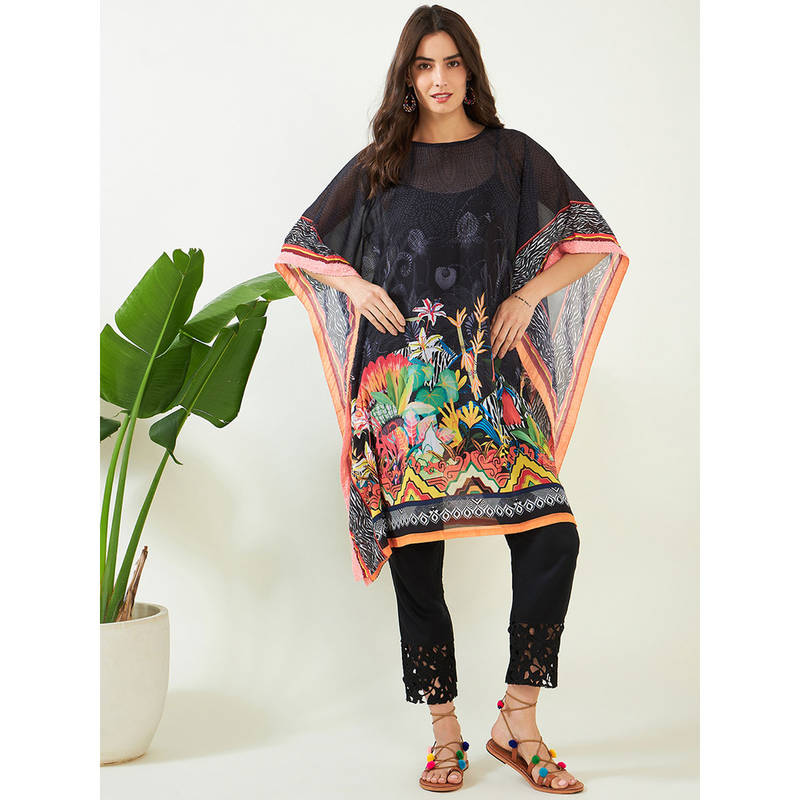 The Kaftan Company Black Midnight Tropical Elegant Georgette Kurta (XL)