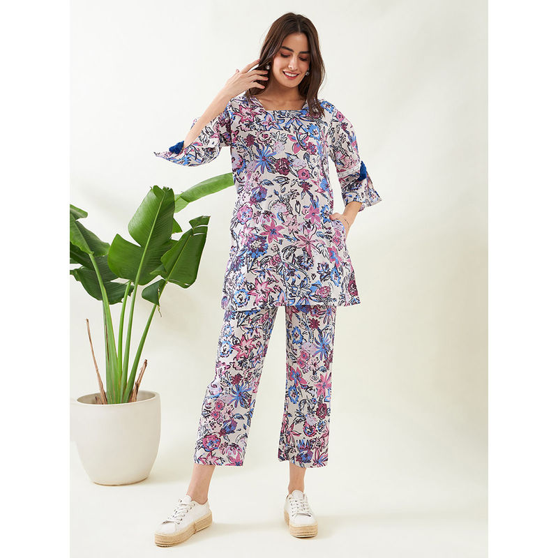 The Kaftan Company Mystical Grey Floral Cotton Co-Ord (Set of 2) (S)