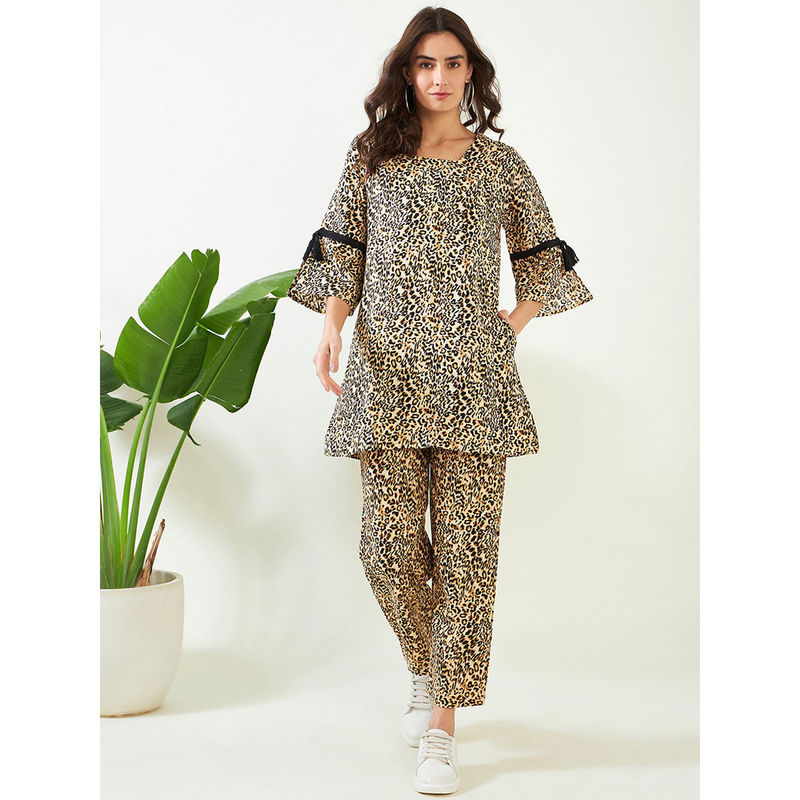 The Kaftan Company Beige Wildly Stylish Leopard Co-Ord (Set of 2) (S)