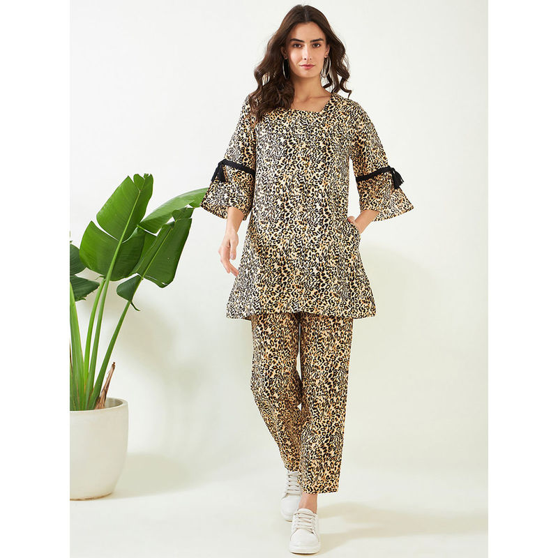 The Kaftan Company Beige Wildly Stylish Leopard Co-Ord (Set of 2) (M)