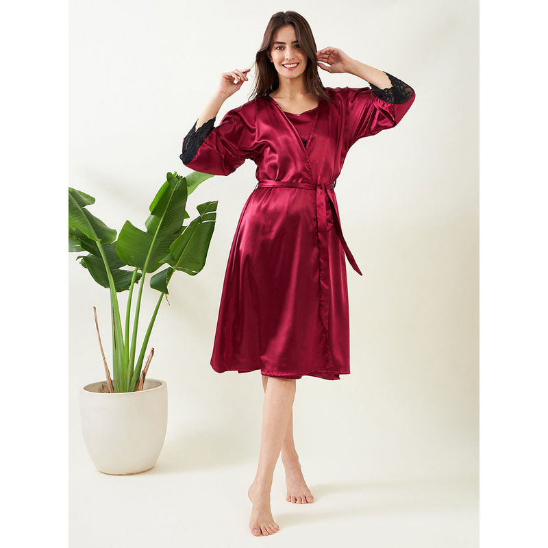 The Kaftan Company Maroon Blue Laced Up Gown- (Set of 2) (XL)