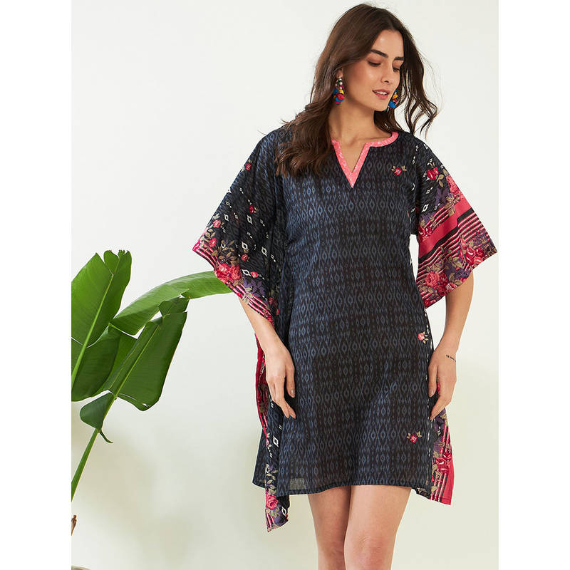 The Kaftan Company Navy Blue Gardenscape Asymmetric Resort Kaftan (M)