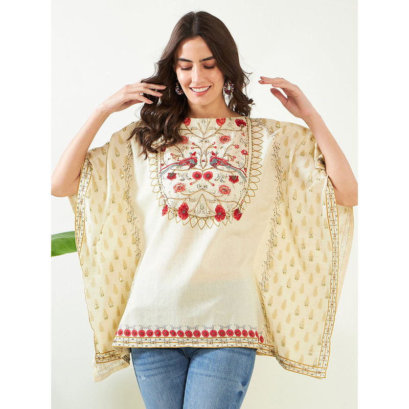The Kaftan Company Ivory Blossom Artistic Hand Embroidered Kaftan Top (S)