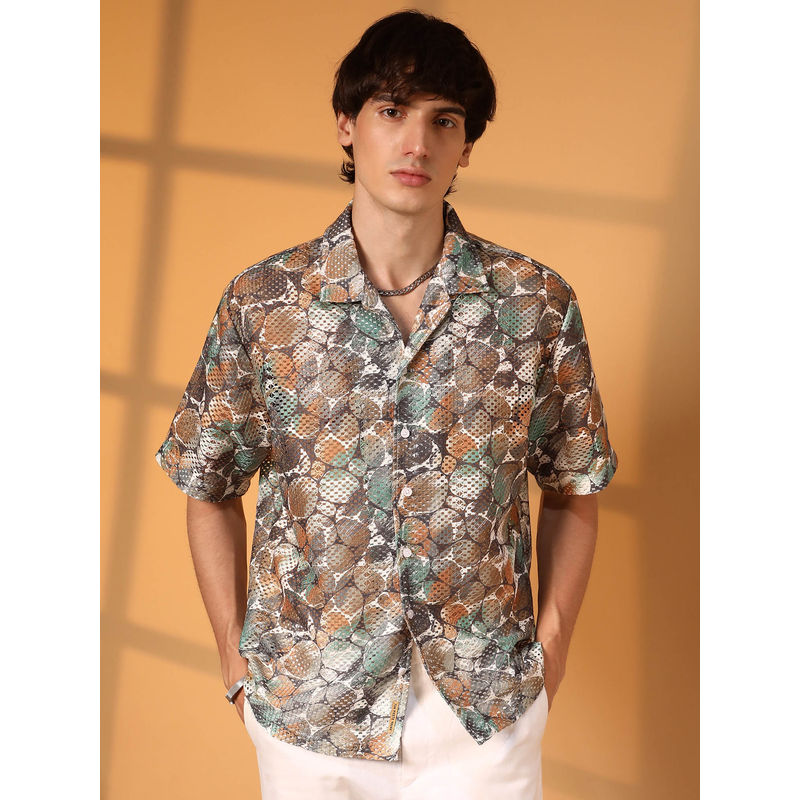 Campus Sutra Mens Multi-Color Pebble Knit Oversized Shirt (S)