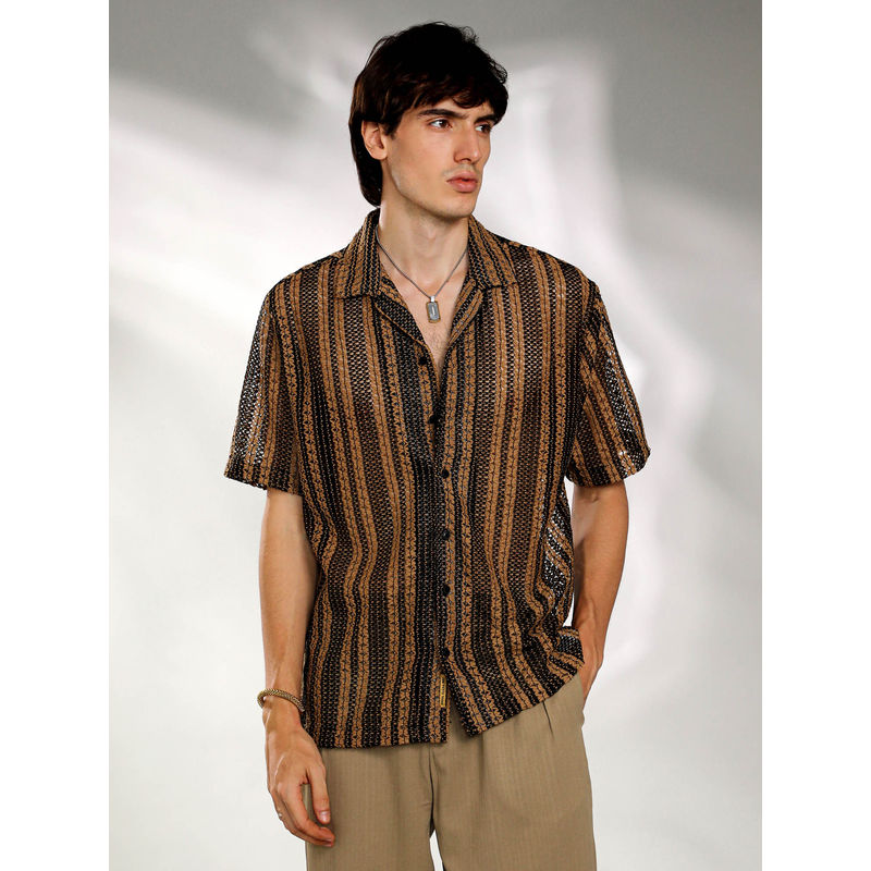 Campus Sutra Mens Camel Brown and Midnight Black Multitrack Knit Oversized Shirt (S)