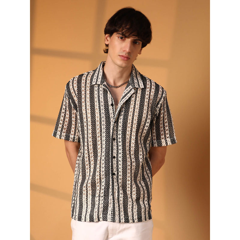 Campus Sutra Mens Cream White and Midnight Black Multitrack Knit Oversized Shirt (S)