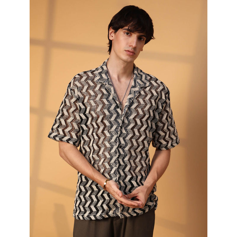 Campus Sutra Mens Cream White and Midnight Black Chevron Knit Oversized Shirt (S)