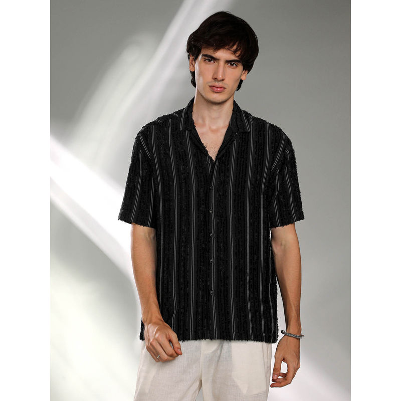 CAHOOT Mens Raven Black Unhemmed Striped Oversized Shirt (M)