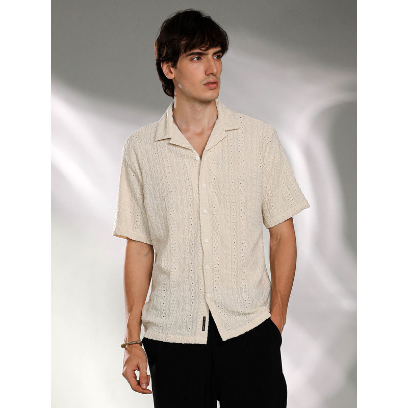Campus Sutra Mens Off-White Aztec-Textured Shirt (M)