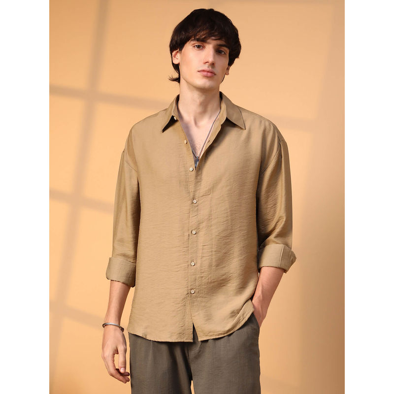Campus Sutra Mens Camel Beige Breezy Wrinkled Shirt (XL)