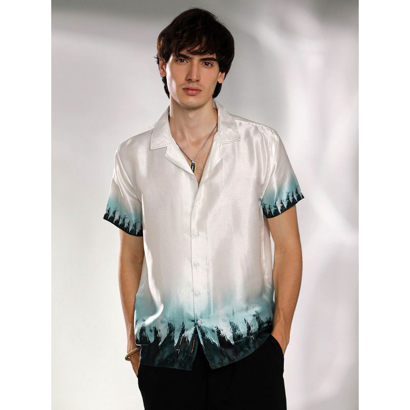 Campus Sutra Mens White and Pine Green Pine Ombre Shirt (L)