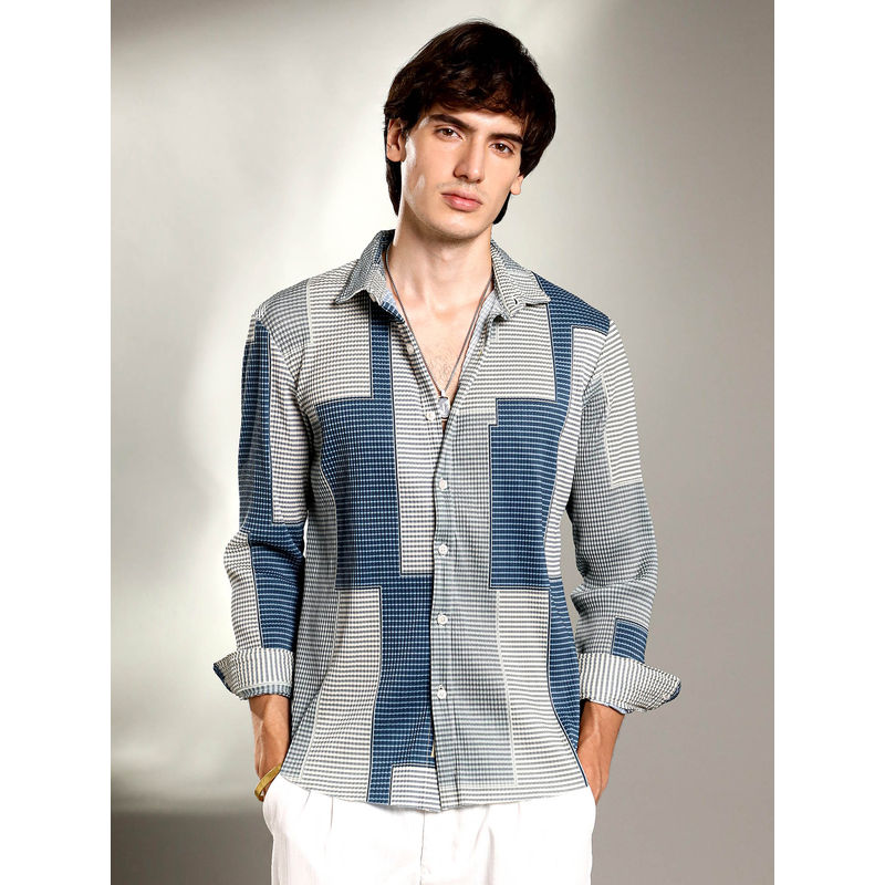 Campus Sutra Mens Cloud Grey and Lapis Blue Retro-Pleat Shirt (M)
