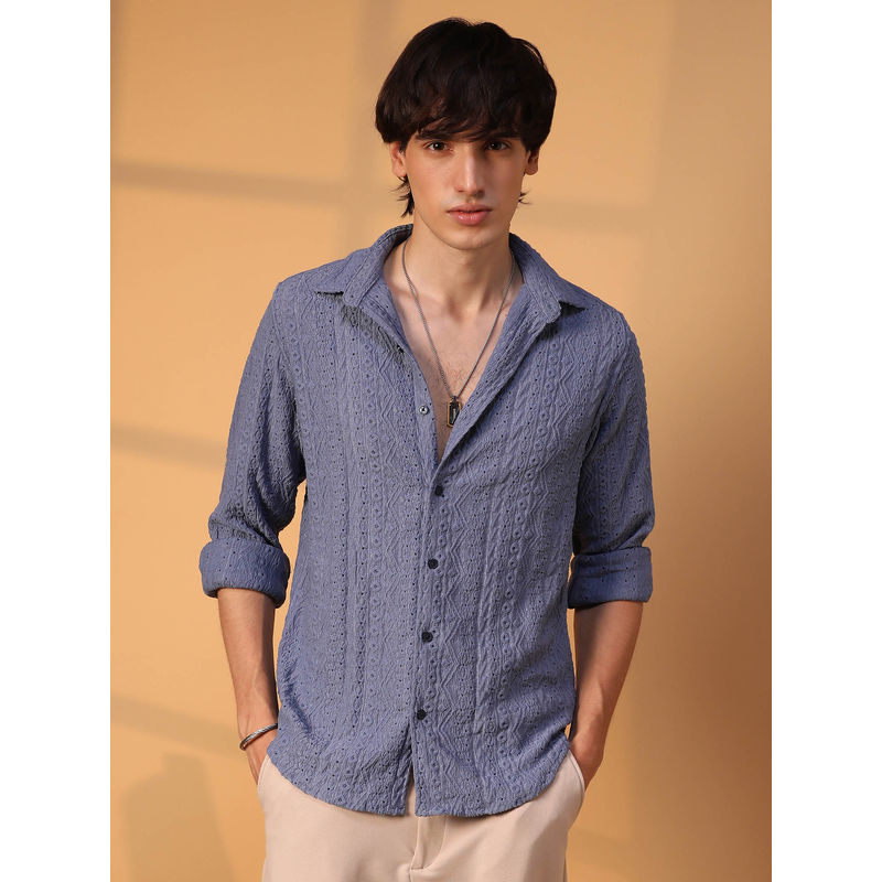 Campus Sutra Mens Stone Blue Aztec-Textured Shirt (S)