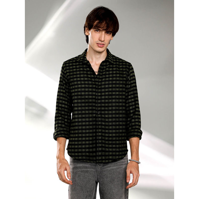 Campus Sutra Mens Seaweed Green and Charcoal Black Gingham Shirt (S)