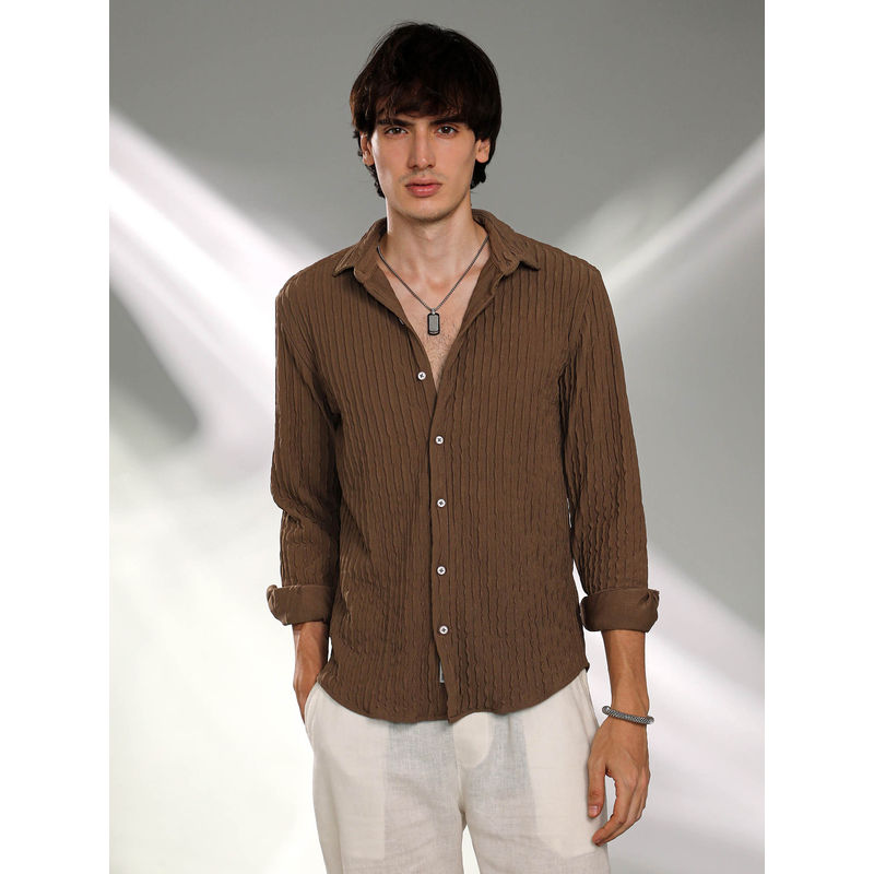 Campus Sutra Mens Chocolate Brown Crease-Stripe Textured Shirt (XL)