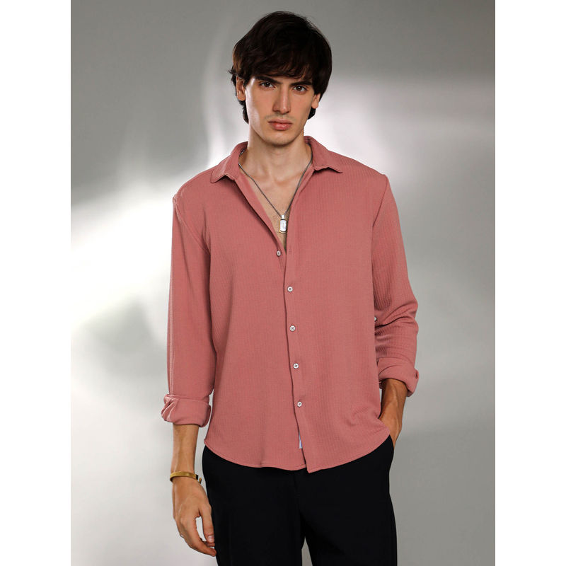 Campus Sutra Mens Salmon Pink Textured-Creased Shirt (S)