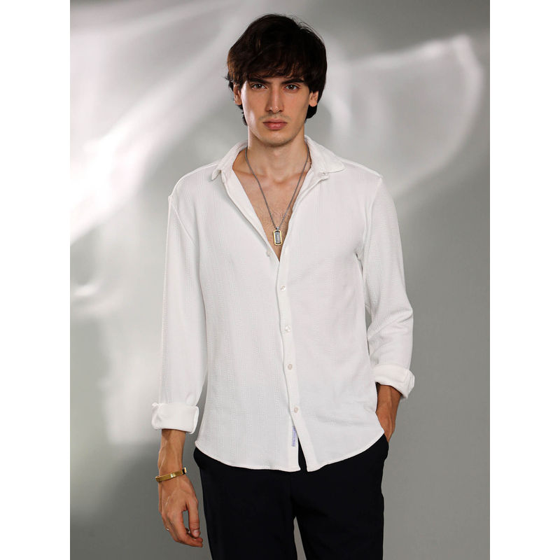 Campus Sutra Mens Chalk White Rope-Textured Shirt (L)