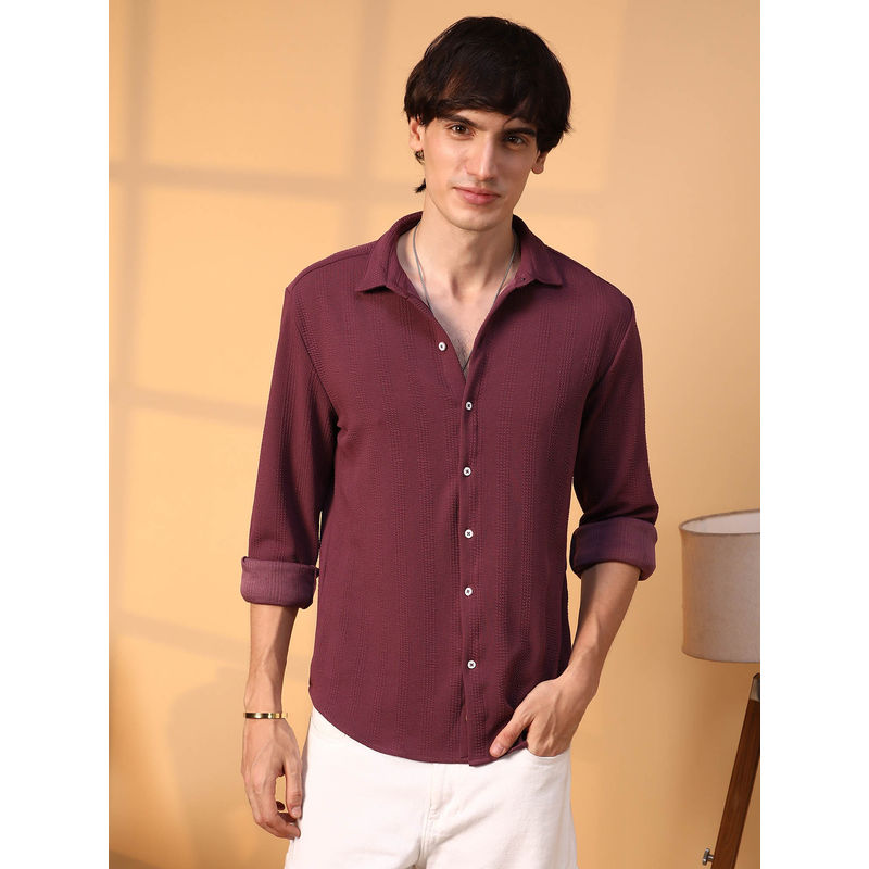 Campus Sutra Mens Burgundy Red Rope-Textured Shirt (S)