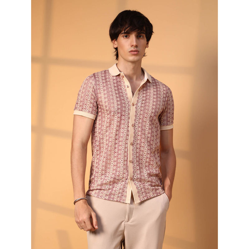 Campus Sutra Mens Blush Pink and Peach Orange Pastel Crochet Shirt (L)