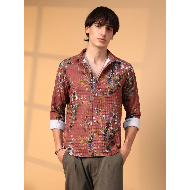 Campus Sutra Mens Terracotta Brown Sunflower-Waffle Shirt (XL)
