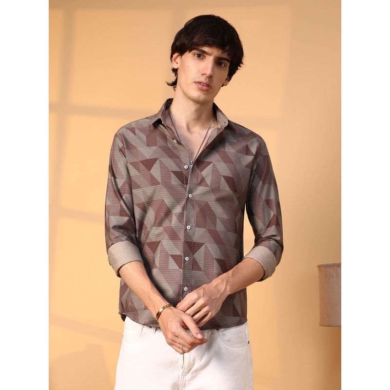 Campus Sutra Mens Chocolate Brown Geometric Seersucker Shirt (S)